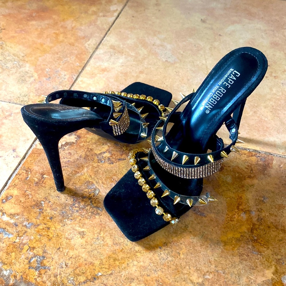 Spiked gold and black stilettos size 8